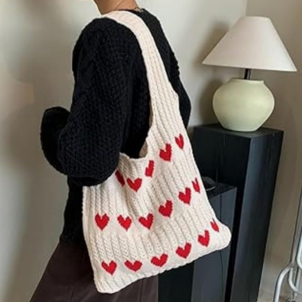 Heart Graphic Knit Tote Shoulder Bag